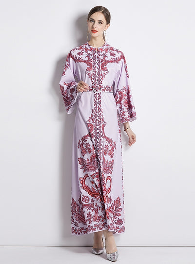 Long-sleeved Retro Flared Sleeve Printed Dress