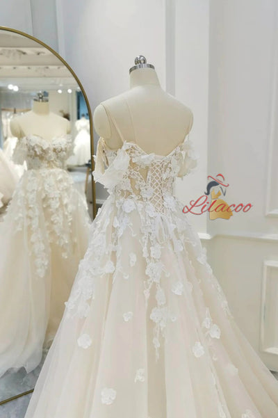 Ivory Tulle Off the Shoulder Lace Appliques Wedding Dress