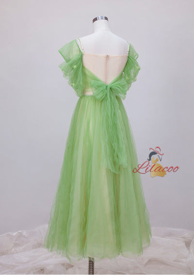 Green Tulle Pleats Flower Prom Dress