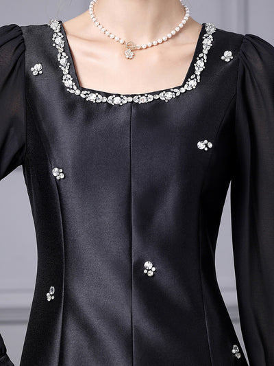 Black Satin Long Sleeve Mother Of The Bride Dress