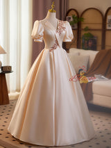 Champagne Satin Short Sleeve Backless Prom Dress