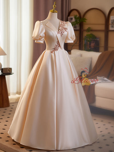 Champagne Satin Short Sleeve Backless Prom Dress