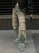 Retro Low Waist Loose Pocket Raw Edge Jeans