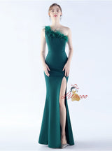 Mermaid One Shoulder Feather Split Prom Dress