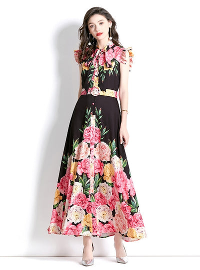 Retro Palace Flying Sleeves Long Printed Dress