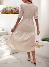 Casual Puff Sleeve Pleated V-neck Dress