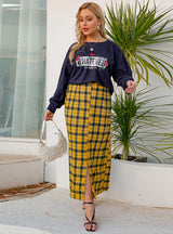 Printed Long-sleeved Top Plaid Skirt Suit