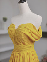 Yellow Chiffon Off the Shoulder Pleats Prom Dress