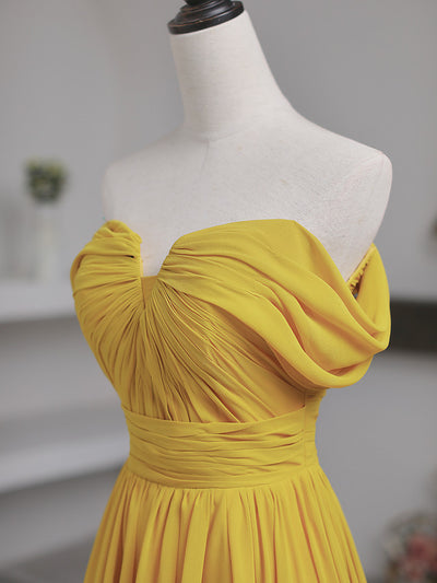 Yellow Chiffon Off the Shoulder Pleats Prom Dress