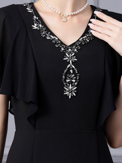 Black V-neck Crystal Mother Of The Bride Dress
