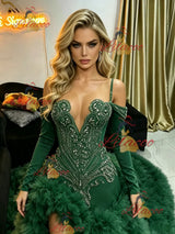 Green Mermaid Long Sleeve Beading Prom Dress