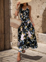 Printed Slit Suspender Backless Long Dress