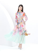 Retro Lapel Lantern Sleeve Long Printed Dress