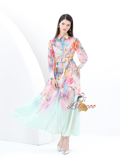 Retro Lapel Lantern Sleeve Long Printed Dress