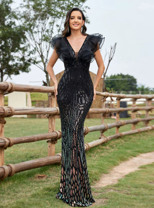 Sexy Deep V Sequined Evening Dress