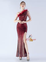 One Shoulder Sequins Split Prom Dress