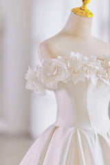 White Satin Off the Shoulder 3D Flower Wedding Dress
