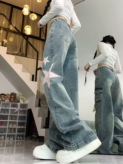 Retro Star Patch Loose Straight Jeans