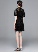 Retro Mesh Stitching Bubble Sleeve Black Dress