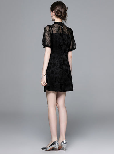 Retro Mesh Stitching Bubble Sleeve Black Dress
