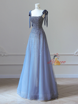 Blue Tulle Beading Straps Prom Dress
