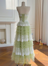 Green Tulle Lace Straps Tiers Prom Dress