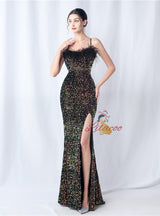 Mermaid Sequins Spaghetti Straps Backless Prom Dress