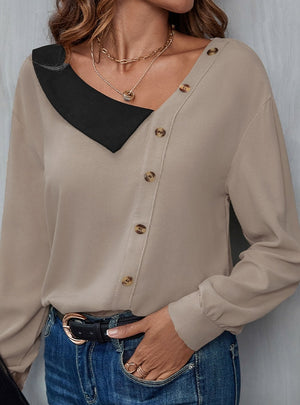 Button V-neck Long Sleeve Solid Color Shirt