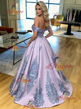 Purple Satin Spaghetti Straps Appliques Prom Dress