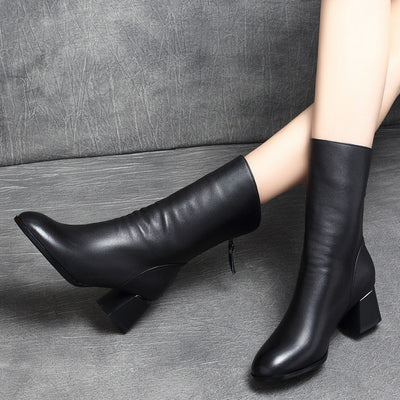 Thick Round Head and Middle Heel Boots