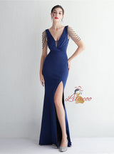 Mermaid V-neck Pleats Beading Prom Dress