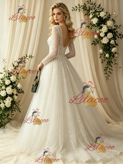 Long Sleeve Sequins V-neck Wedding Dress