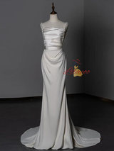 White Satin Straps Beading Pleats Wedding Dress