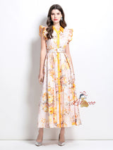 Retro Floral Ruffled Long Dress
