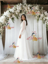 White Tulle Long Sleeve Pleats Wedding Dress