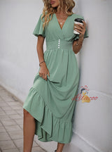 Green V-neck Short Sleeve Button Dress