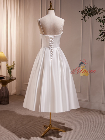 White Satin Straps Beading Flower Wedding Dress