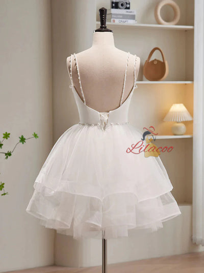 White Tulle Straps Pearls Homecoming Dress