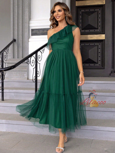 One Shoulder Flounce Mesh Dress