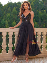 Sequins Tulle V-neck Party Dress