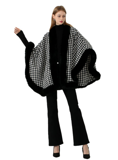 Large Fur Collar Houndstooth Wool Shawl Cloak