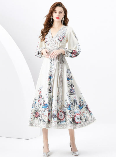 Retro Printed Bubble Sleeve Dress