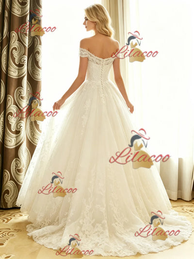 White Tulle Lace Off the Shoulder Wedding Dress