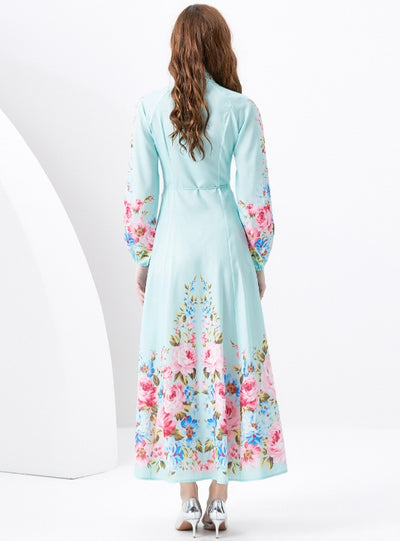 Retro Palace Style Long Sleeve Vertical Print Dress