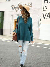 Solid Color Irregular Round Neck Split Hem Sweater