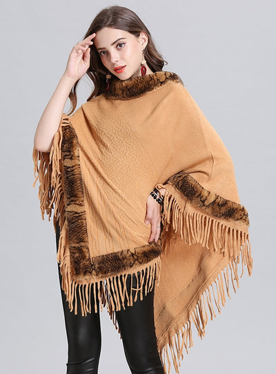 Loose Fringed Round Neck Cloak Shawl
