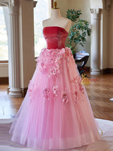 Pink Tulle Velvet 3D Appliques Prom Dress