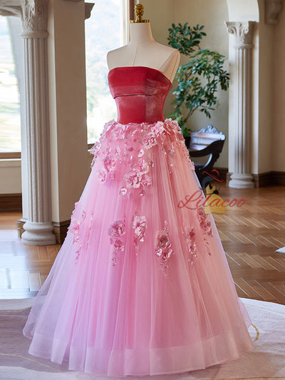 Pink Tulle Velvet 3D Appliques Prom Dress