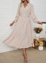 Leisure Collar Long Sleeve Solid Color Dress