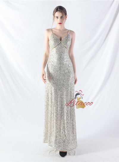 A-Line Sequins Spaghetti Straps Prom Dress